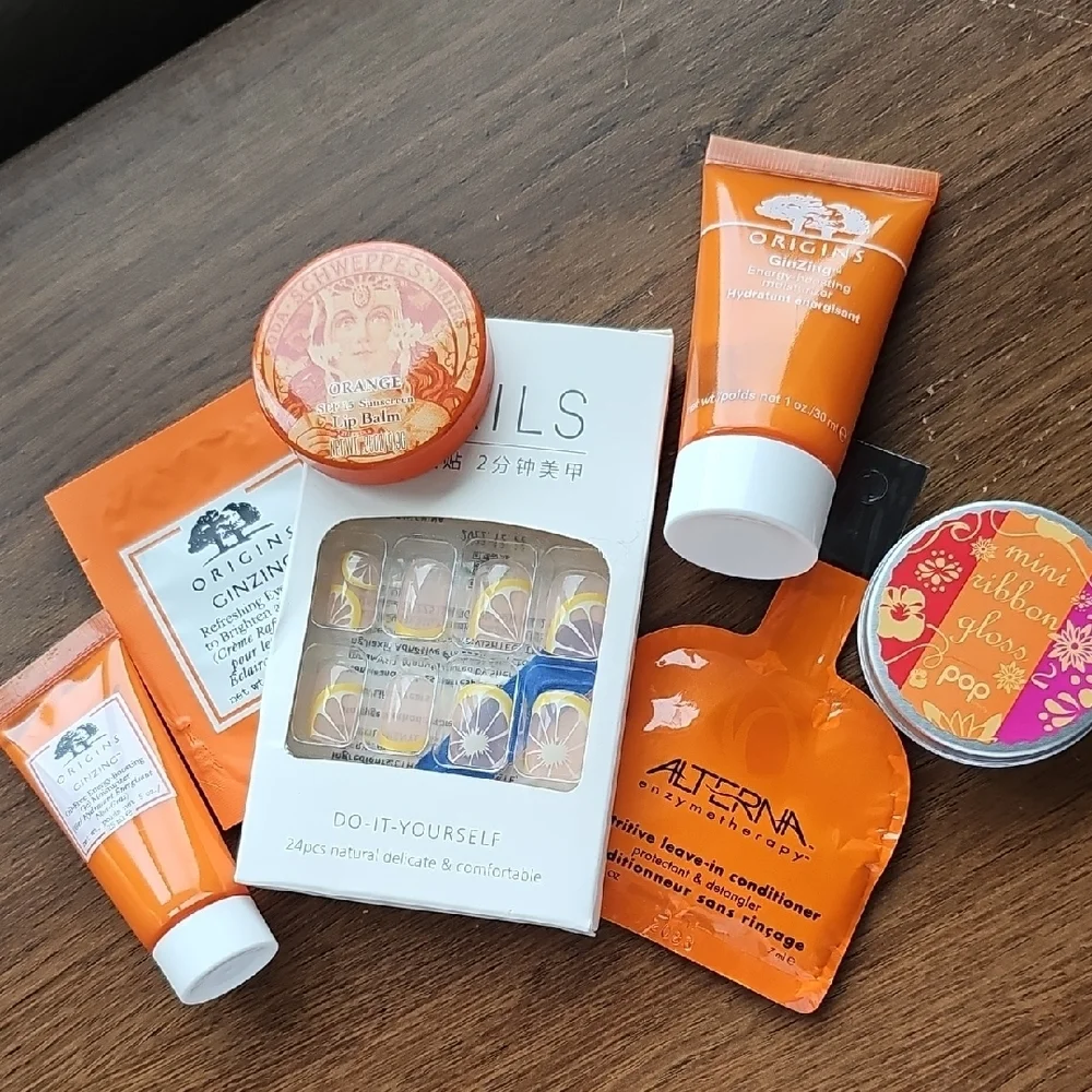 New Sephora Origins Beauty Sample Lot Citrus Press-On Nails Lip Gloss Samples
